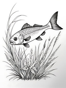recommend clip art: fish for a toddlers hand drawing grass and sketch smoothly outline shape coloring page ai generated 
