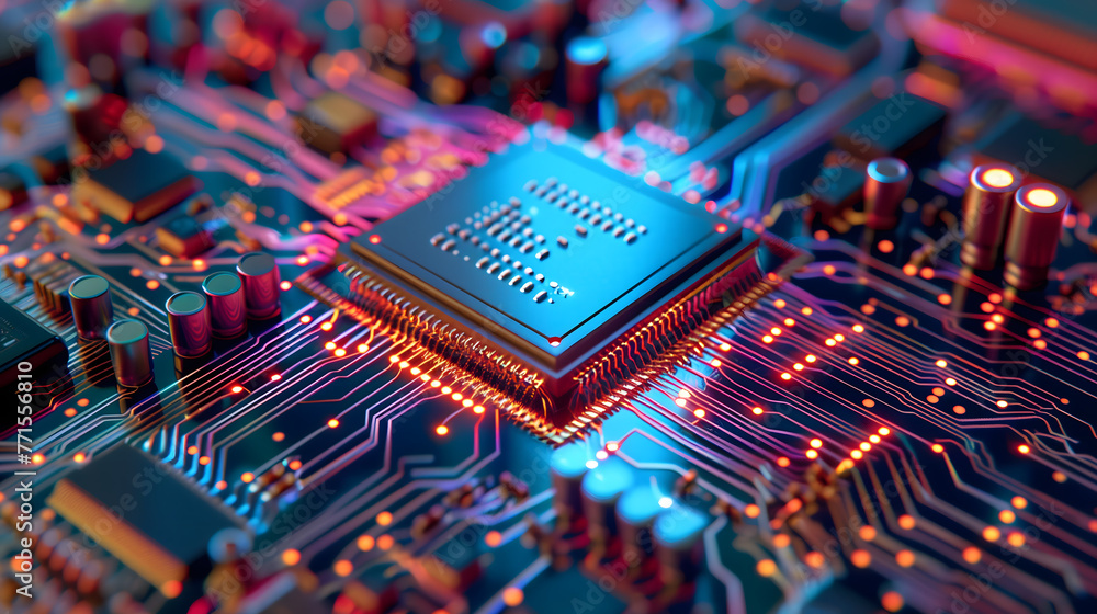 Poster advanced computer chip on a circuit board, closeup view, colorful neon lights, the background is fil