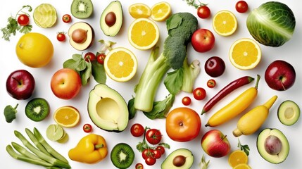 Healthy eating, fresh fruits and vegetables on a white background. Fructorianism, raw food and...