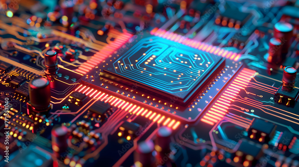 Poster a closeup of an advanced circuit board with chip glowing components, symbolizing the energy and tech