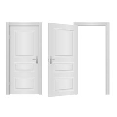 Open and closed front door of the house isolated on white background. Open and closed entrance realistic door. Classic room concept. Wooden outdoor entrance with shining light.
