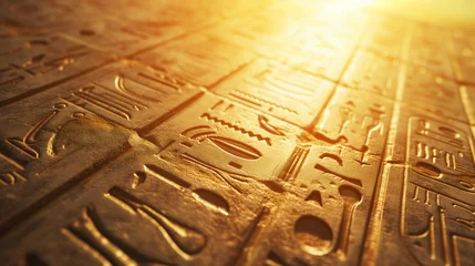Foto op Canvas Close-up of carved hieroglyphs on a stone surface illuminated by the warm glow of evening sunlight © Mars0hod