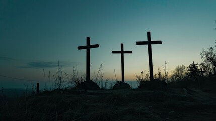 Crosses, notably the cross, create a recognizable silhouette on Golgotha hill.