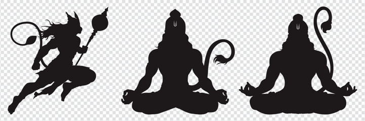Hanuman, Silhouette, Jay Shri Ram, Lord Hanuman for, happy Hanuman Jayanti,black, vector Hanuman Silhouette. of Hindu god Hanuman playing Shell, Very Powerful Lord Hanuman Indian Festival, Ram Navami. - obrazy, fototapety, plakaty