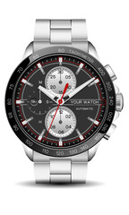 Realistic watch clock chronograph silver black red line white number face for men design luxury on white background vector - 771557636