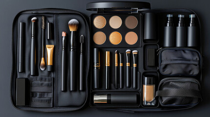 Professional makeup brush set and cosmetics in black organizer