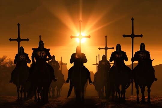 Knights Templar their path lit by the cross in the soft light of sunset
