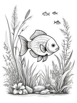 recommend clip art: fish for a toddlers hand drawing grass and sketch smoothly outline shape coloring page ai generated 