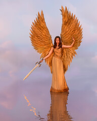 A golden angel with a sword on a pink lake