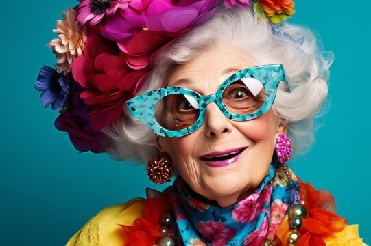 portrait of a bright funny woman 70 years old with big bright glasses