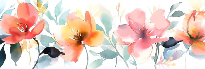 Fototapeta na wymiar Vibrant Floral Watercolor Blossoms on Soft Pastel Background