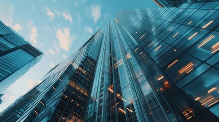 Low angle view of tall modern building with lots of glass, AI generated image.