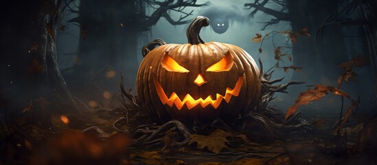 A smiling Jackolantern pumpkin, carved with a face, is surrounded by dark forest plants. The creative winter squash shines like a lighted window in the night