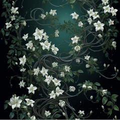 Starry Night and Jasmine Vines: A captivating digital artwork that weaves jasmine vines with their lush, white flowers across a starlit night sky, evoking a sense of peaceful beauty and mystery