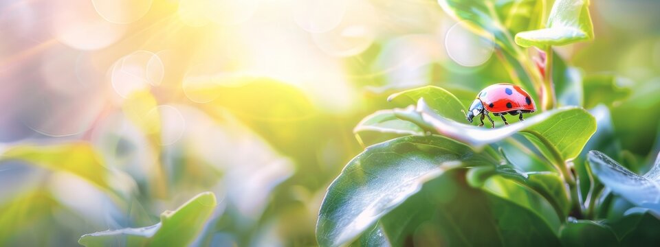 Wide format background image of fresh juicy emerald leaves and ladybug lit by rays of sun in nature with space for text.