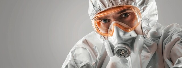 Worker wears medical protective suit or white coverall suit with mask and goggles analyze. Creative Banner. Copyspace image - obrazy, fototapety, plakaty