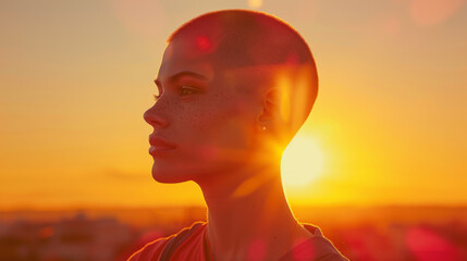 Bald female with freckles profile against sunset sky - obrazy, fototapety, plakaty