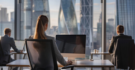 Modern Corporate Office Scene with Young Female Professional Working at Her Desk with City Skyline View