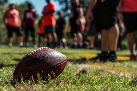 A football is laying on the grass in front of a group of people