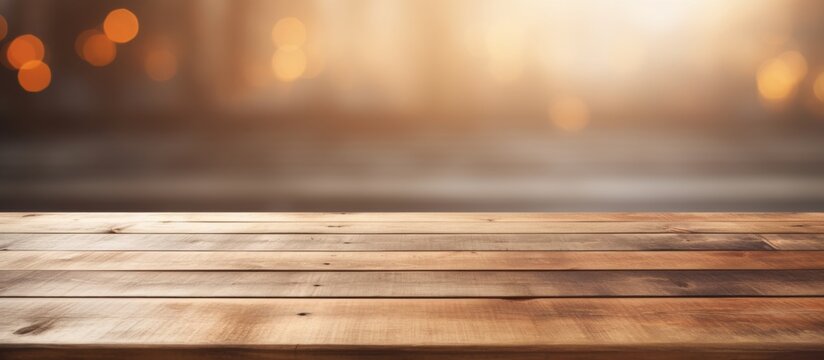 A hardwood plank table stands empty against a blurry background of sunrise hues and soft clouds, enhancing the natural beauty of the wood grain