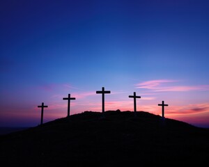 On Golgotha hill, the silhouette of crosses, notably the cross, is distinct.