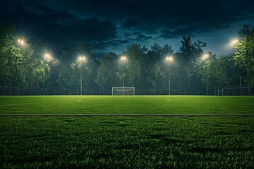 A soccer field with lights shining on it at night