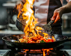 Close-up Professional chef hands cook food with fire in kitchen at restaurant