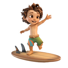 Children's characters playing surfboards on transparent background PNG