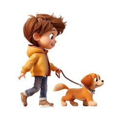 Character of a child walking a dog on a transparent background PNG