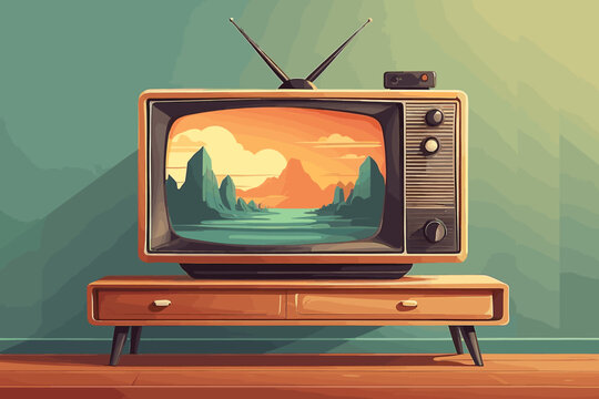 television on the table with a retro style concept. Vector flat illustration