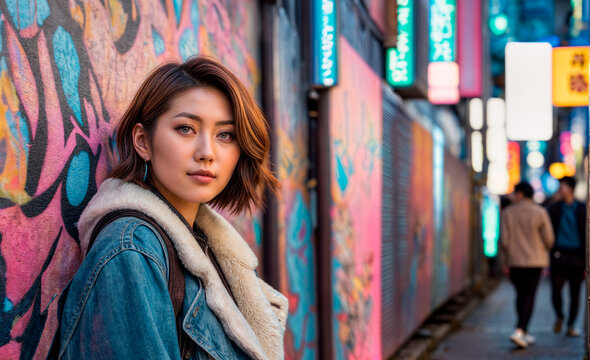 茶色のショートヘアにデニムジャケットを着た女性が、落書きとネオンサインのある壁の前に立っています。