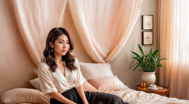 女性がピンクのベッドカバーと白いシーツを掛けたベッドに座っています。