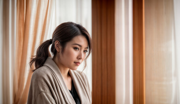 茶色の髪をポニーテールに結って窓の外を眺める女性。