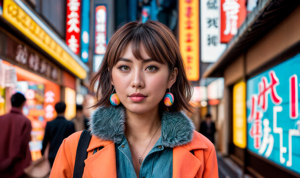 短い茶色の髪とカラフルなイヤリングをした女性が、にぎやかな街の通りに立っています。
