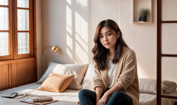 茶色の髪の女性がベッドに座っています。