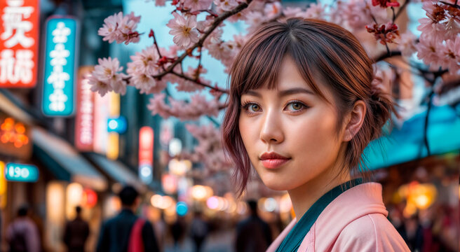 桜の木とネオンの下に日本人女性が立っています。