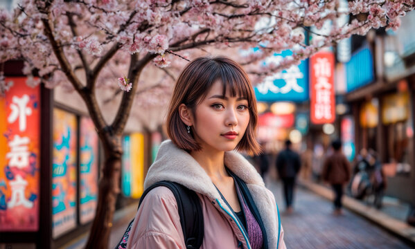 都会の桜の木の下に、茶色の短い髪の若い女性が立っています。
