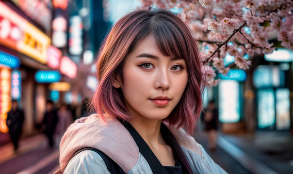 ピンクの髪の若い女性が桜とネオンの下に立っています。