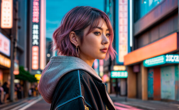 ピンクの髪の若い女性が夕暮れの街路に立っています。
