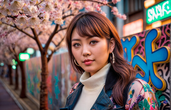 桜の木と落書きの下に茶色の髪の若い女性が立っています。
