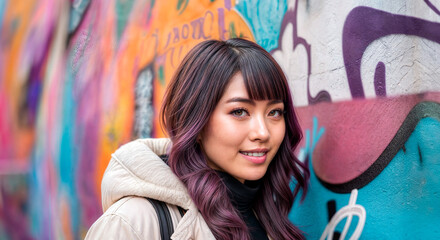紫の髪とバックパックを背負った女性が、落書きで覆われた壁の前に立っています。