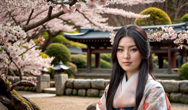 日本庭園の桜の下に着物を着た芸妓が立っています。