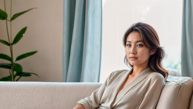 ベージュのスーツを着た女性がベージュのソファに座っています。