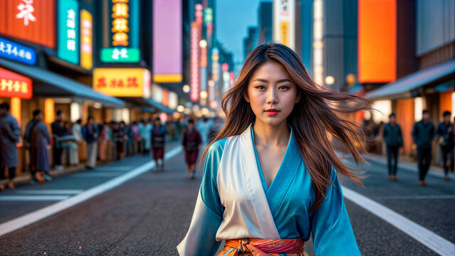 色とりどりの着物を着た髪の長い女性が、繁華街の真ん中に立っています。