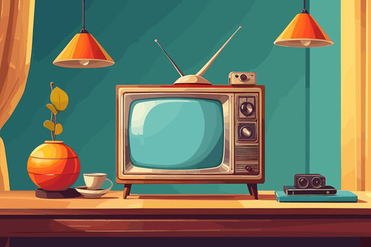 television on the table with a retro style concept. Vector flat illustration