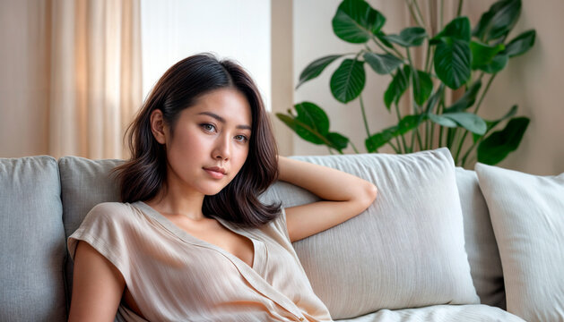 黒髪と黄褐色のシャツを着た女性が灰色のソファに座っています。