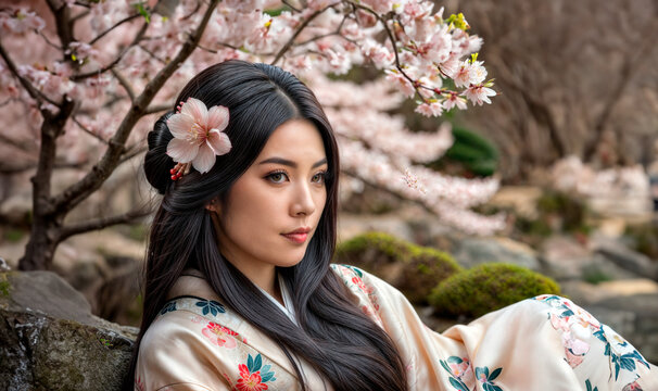 長い黒髪と髪に桜の花をつけた美しい日本人女性が桜の木の下に座っています。