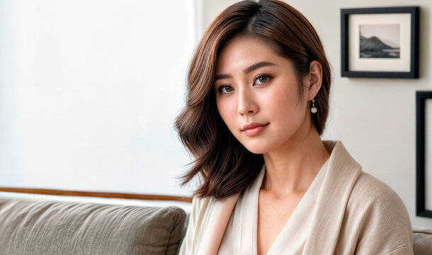 茶色の髪と白いトップスを着た女性がソファに座っています。