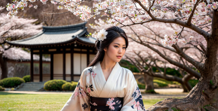 伝統的な衣装を着た美しい日本女性が桜の木の下の岩の上に座っています。