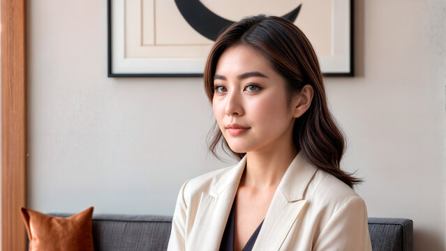 茶色の髪とベージュのブレザーを着た女性がソファに座っています。